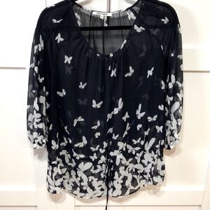 Daniel Rainn sheer top with quarter sleeves with tie waist, Navy Blue